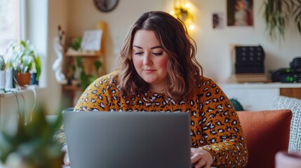 Chubby woman working on a laptop at a stylish home office,
