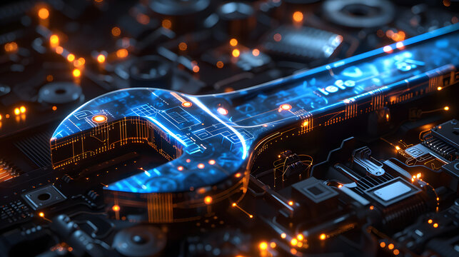blue digital wrench spanner with glowing binary code, AI in maintenance management systems, predictive maintenance algorithms, equipment diagnostics, and remote repair assistance