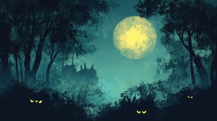 Obraz premium Mystical Forest Night with Full Moon and Glowing Eyes.