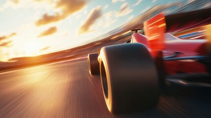 Dynamic race car speeding on an asphalt track, vibrant colors and intense motion blur capture the thrill of high-speed competition in a 3D rendered scene.