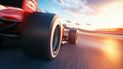 Dynamic race car on a track, capturing the thrill of high-speed competition, vivid colors and motion blur enhance the sense of speed and excitement in the scene.