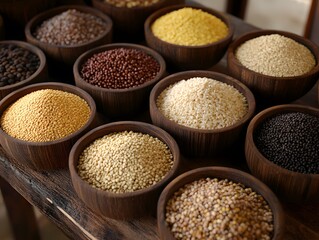 Assorted organic grains displayed in wooden bowls, beautifully arranged that highlights their textures