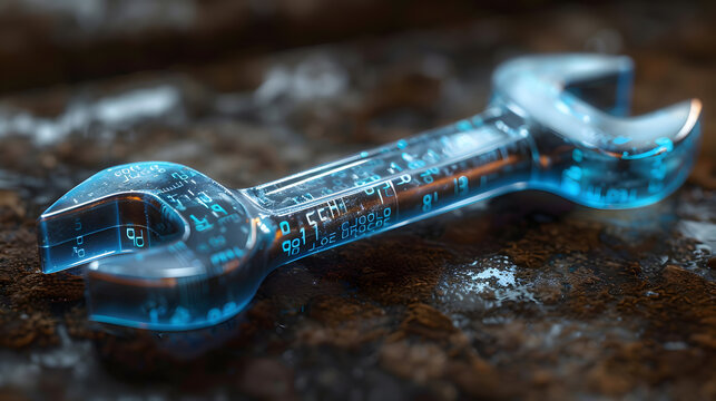 blue digital wrench spanner with glowing binary code, AI in maintenance management systems, predictive maintenance algorithms, equipment diagnostics, and remote repair assistance