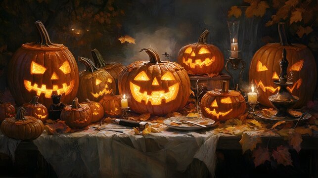 A cheerful autumn gathering with pumpkins being carved into intricate designs while tools and jack-o-lanterns fill the table