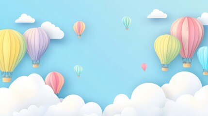 Colorful Paper Hot Air Balloons Flying in Blue Sky with White Clouds Background - Dreamy Illustration