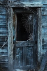 Abandoned House Door with Cobwebs and Dark Window.