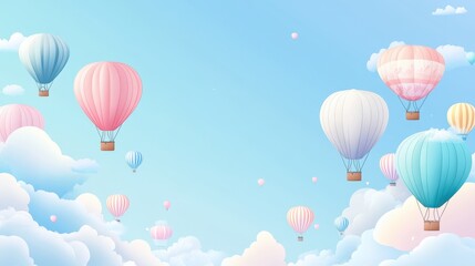 Obraz premium Colorful Hot Air Balloons Flying Over Clouds in a Blue Sky - Dreamy Illustration.