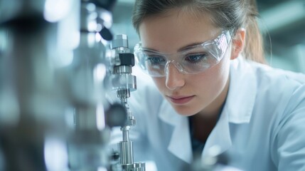 Female engineer in a lab coat analyzing a complex machine 