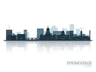 Springfield skyline silhouette with reflection. Landscape Springfield, Ilinois. Vector illustration.