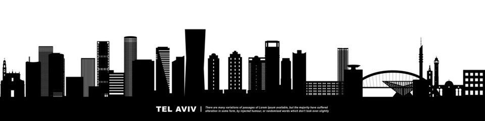 Panoramic View of Downtown Tel Aviv Skyline. Tel Aviv city black silhouette skyscrapers and buildings. Long cityscape.