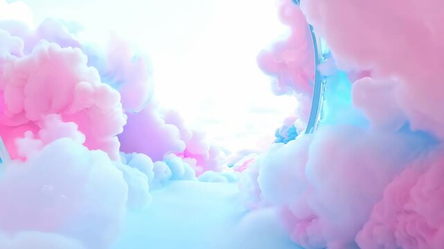 A dreamy pastel wonderland filled with fluffy clouds in pink and blue hues awaits visitors in this enchanting setting