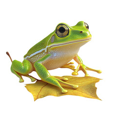 Obraz premium Vibrant green frog perched on a yellow leaf, highlighting nature's beauty and the delicate balance of wildlife.