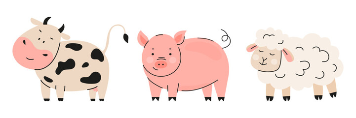 Cute farm animals vector set