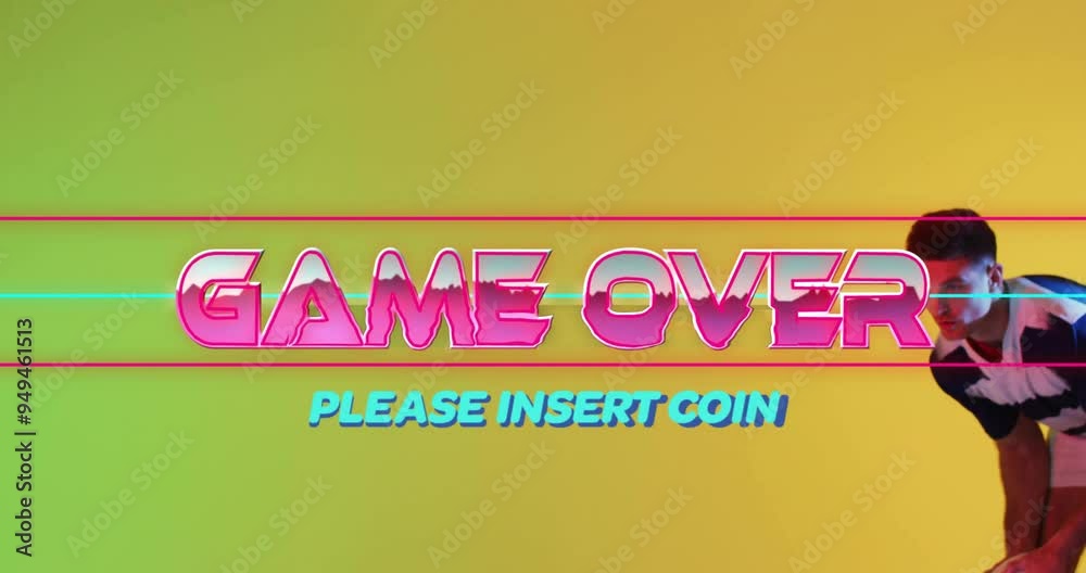 Poster game over please insert coin animation over man in colorful background