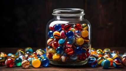 "A glass jar filled with colorful marbles, each with a unique pattern, against a dark wooden backdrop