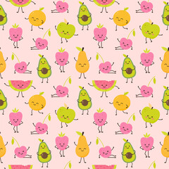 Childish seamless pattern of fruit funny character