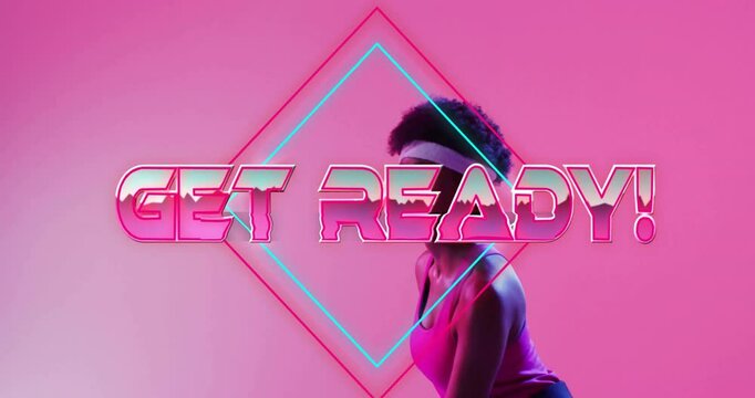 Get Ready! text animation over person exercising with neon geometric shapes
