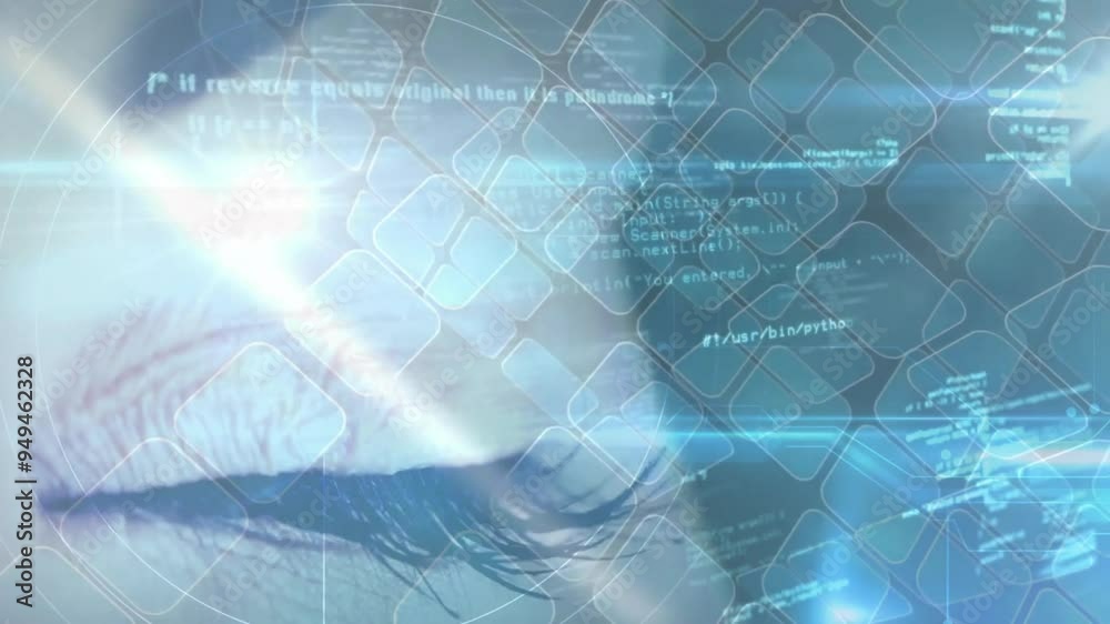 Poster eye close-up with programming code and digital interface animation