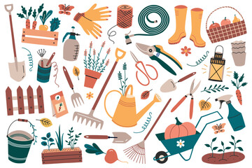 Vector illustration set of garden tools and elements in flat, cartoon style. Shovels, gloves, watering can doodles, plants icons collection. Gardening, farming, and eco-friendly living