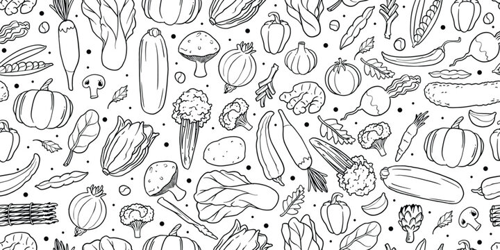 Vegetable seamless pattern with hand drawn doodle line art.