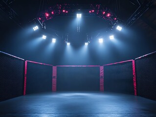 Empty MMA octagon under bright spotlights, industrial arena setting, symmetrical shot, high dynamic range