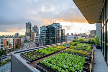Fototapeta premium Modern urban rooftop farm with automated irrigation systems. Buildings and traffic visible below, Generative AI