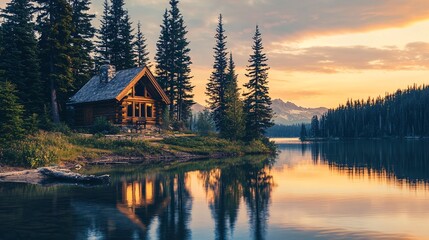 Obraz premium A charming wooden retreat by a serene lake, framed by towering evergreens, offers a tranquil escape at dusk.