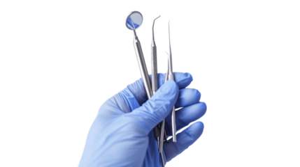 Hand in blue glove holding dental tools isolated on white background