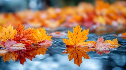 Bright yellow-orange fallen maple leaves floating in water, creating a vivid autumn background.