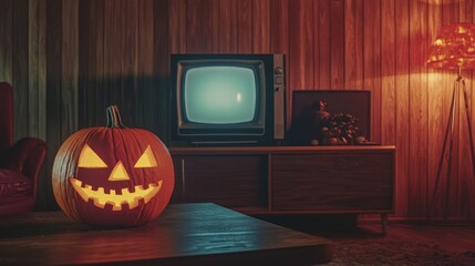 A pumpkin with a smiley face on it sits on a table in front of a television. The room is decorated for Halloween, with a couch and a potted plant nearby