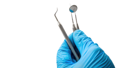 Hand in blue glove holding dental tools isolated on white background