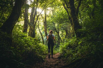 Obraz premium A wanderer finds harmony and peace while trekking through a vibrant woodland, surrounded by majestic trees and the serenity of nature.