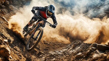 A daring cyclist races down a rugged path, embodying pure exhilaration as clouds of dust swirl in their wake.