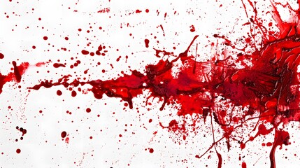 Red splatters and drips against a stark white background. The splashes vary in size and intensity
