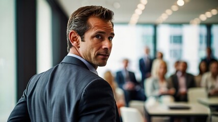 Fototapeta premium Rear view of confident businessman giving a presentation in front of crowd in meeting conference seminar room. Leadership authority teamwork in business concept