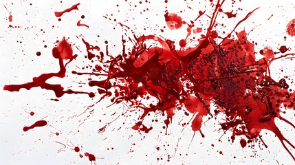Red splatters and drips against a stark white background. The splashes vary in size and intensity