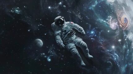 Fototapeta premium Astronauts floating in space with galaxies swirling around. AI generated images