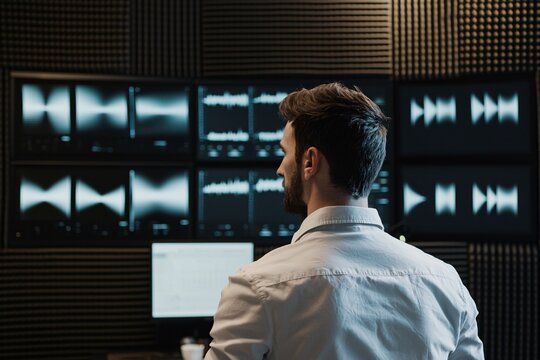 A sound expert examines audio waves in a cutting-edge studio adorned with soundproofing elements that highlight their mastery of audio engineering.