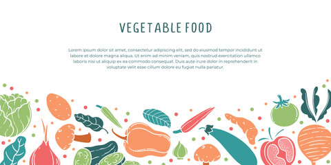 Vegetable food banner hand drawn. Colorful drawing of organic diet with text template.