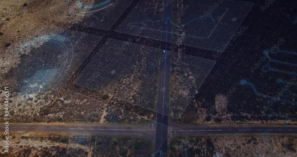 Poster road intersection overlaid with digital mapping and navigation animation