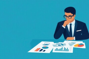 A businessman analyzing reports with graphs and charts, deep in thought, representing data analysis and strategic planning.