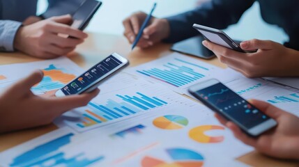 A group analyzing data on mobile devices, surrounded by charts and graphs on a table, symbolizing teamwork and modern analytics.