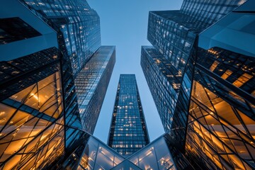Naklejka premium From below of entrance of office building next to contemporary high rise structures with glass mirrored walls and illuminated lights in calgary city against cloudless blue sky , ai