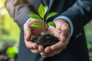 A professional man holds a young plant above a mound of soil, symbolizing growth and investment in sustainability.