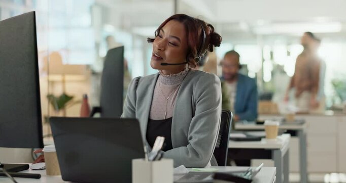 Call center, computer and support with woman consultant in customer service office for assistance or help. Contact us, headset and smile of virtual helpdesk agent in workplace for lead generation