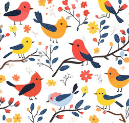 Children's pattern: cheerful birds and flowers with branches and leaves in a playful, simple style