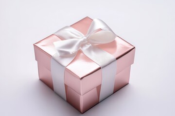 Fototapeta premium A beautifully wrapped gift box in rose gold with a white ribbon, perfect for celebrations.