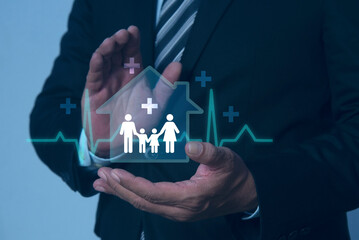 Businessman showing family icons and idea for healthcare technology, innovation medicine,...