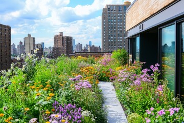 Rooftop garden featuring an array of colorful flowers and herbs. Cityscape visible from the garden, Generative AI