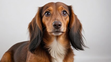 Portrait of Chocolate and tan long haired dachshund dog on grey background